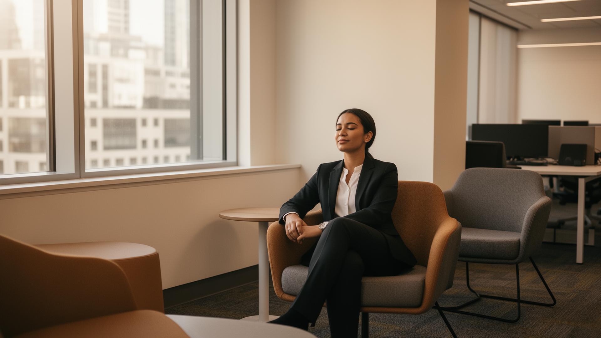 Professional sitting quietly in a calm office breakout space