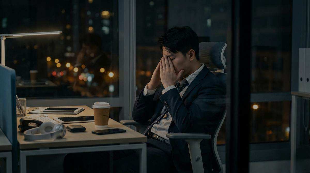 Stressed worker at desk late at night